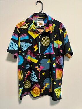 Snap Black Short-Sleeve Shirt with Yellow, Blue & Pink Geometric Print